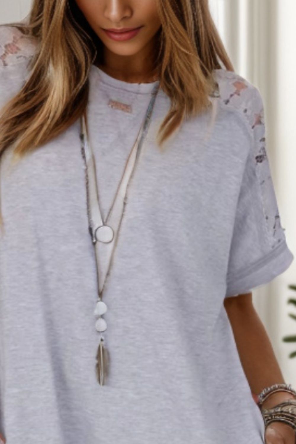 Lace Detail Round Neck Short Sleeve Dress - store name